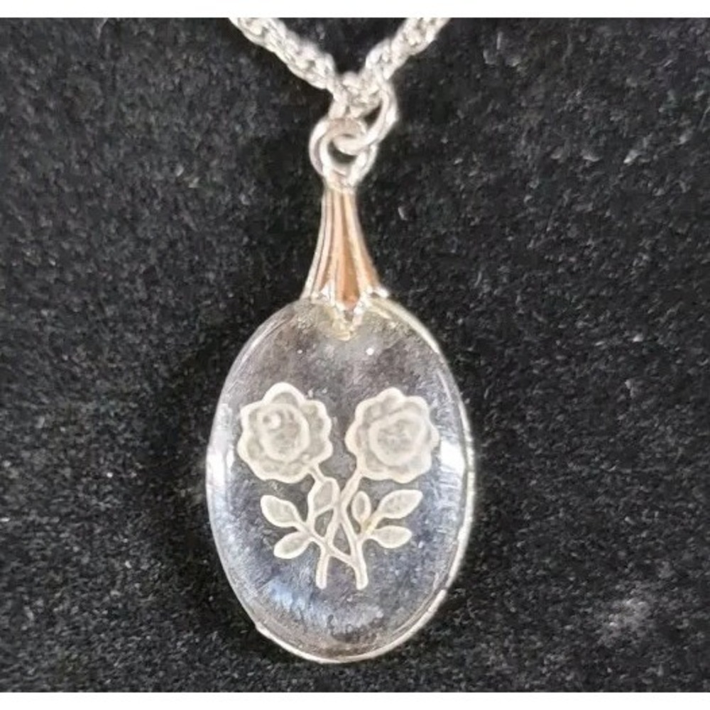 Avon Rose Reverse Carved Intaglio Glass Sterling Silver Pendant Necklace